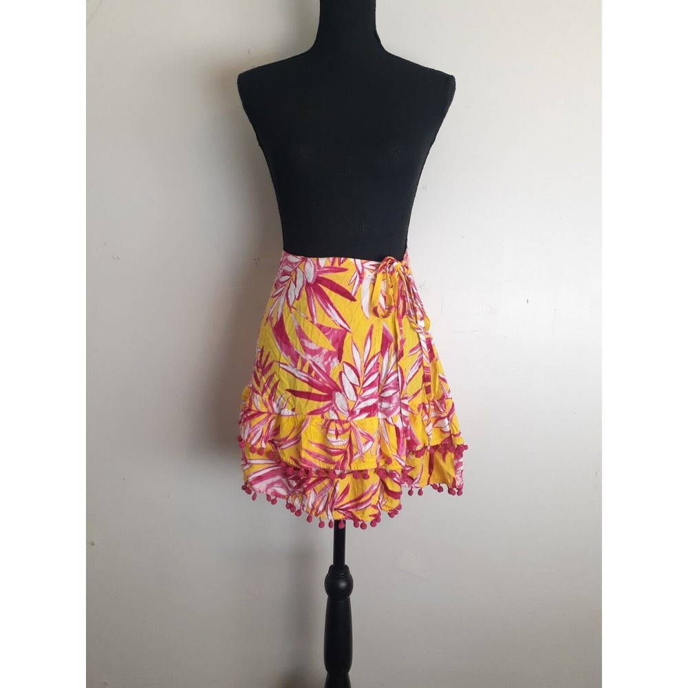 Lovers + Friends Mini Wrap Skirt Sz S Tropical Yellow Pink SOLD ON EBAY - Picture 1 of 9
